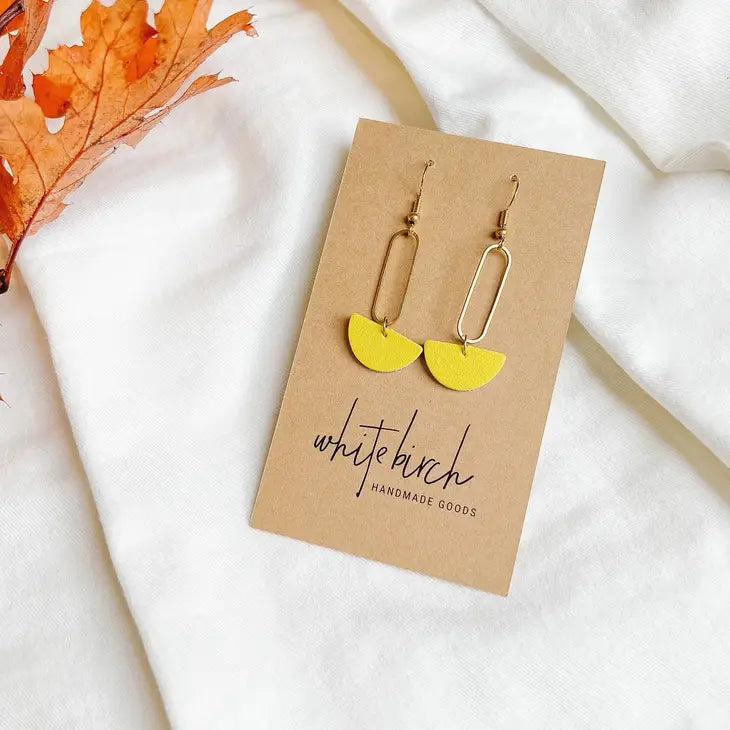 Whitebirch-  Small Brass Oval & Yellow Leather Earrings (14K Gold Fill)