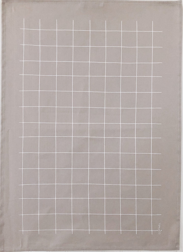 Ten and Co - Tea Towel Grid (White on Warm Grey)